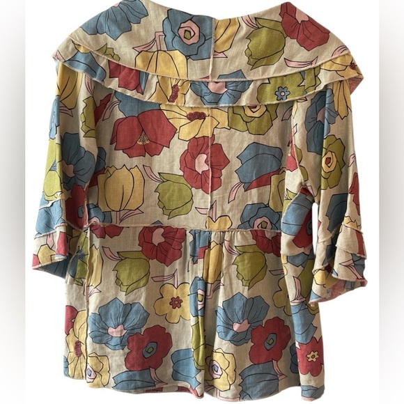 Papike Wearable Art Linen Jacket Rare Floral Print Handmade USA Ruffle Sleeve M - Picture 2 of 9